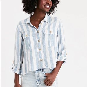 American Eagle Vertical Striped Cropped Button Up Shirt, XS